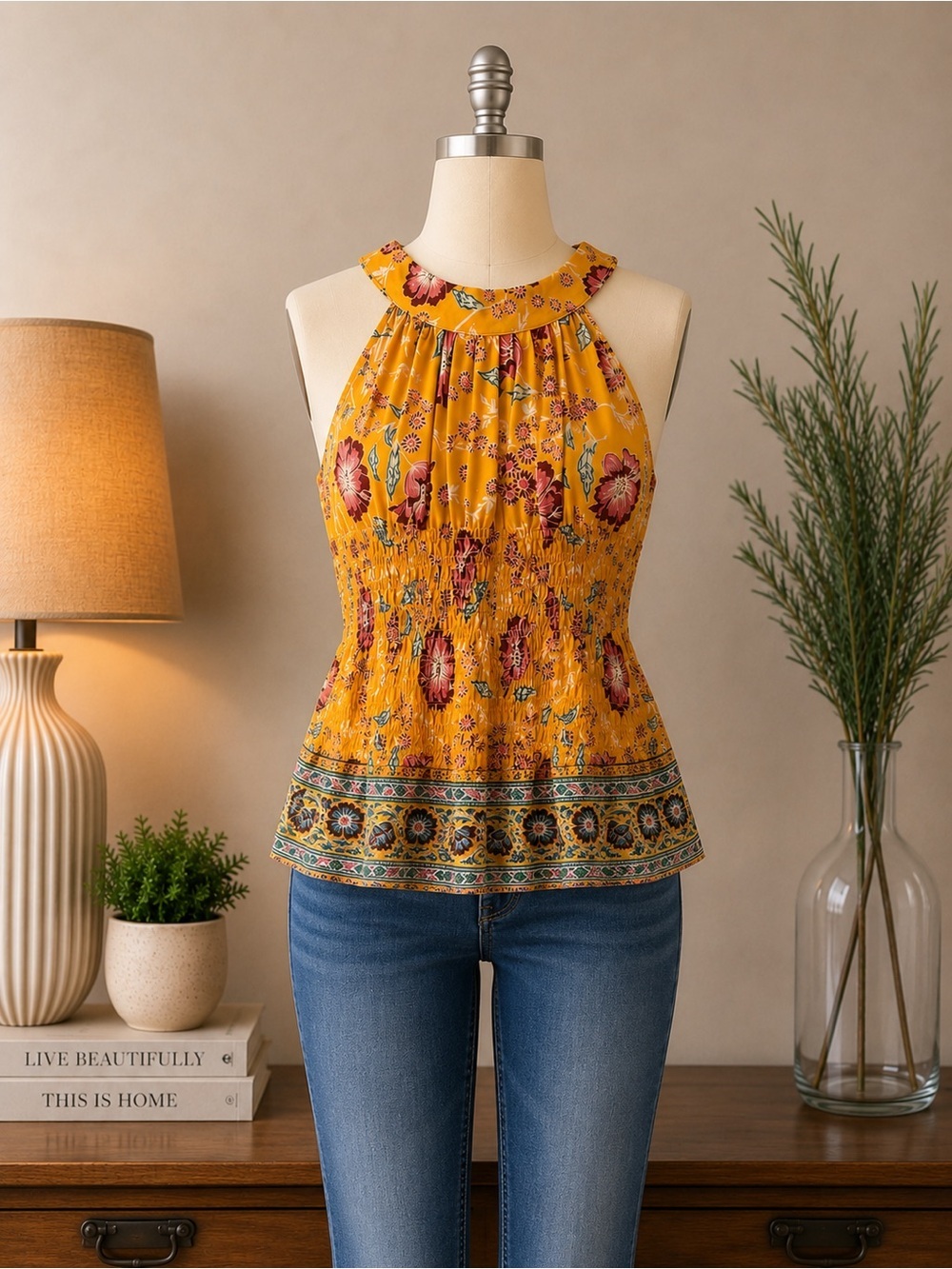 Rachel Zoe Yellow Floral Smocked Halter Peplum Top Boho Sleeveless Size L
